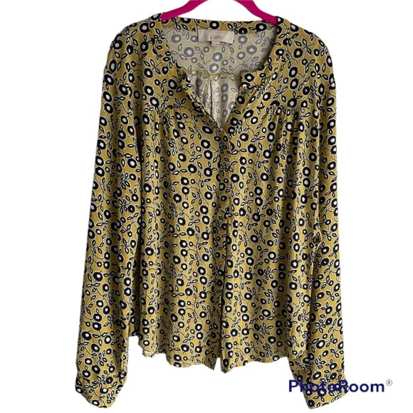 LOFT Tops - Loft Yellow and Black Floral Button-Down Long Sleeve Career Blouse, XL